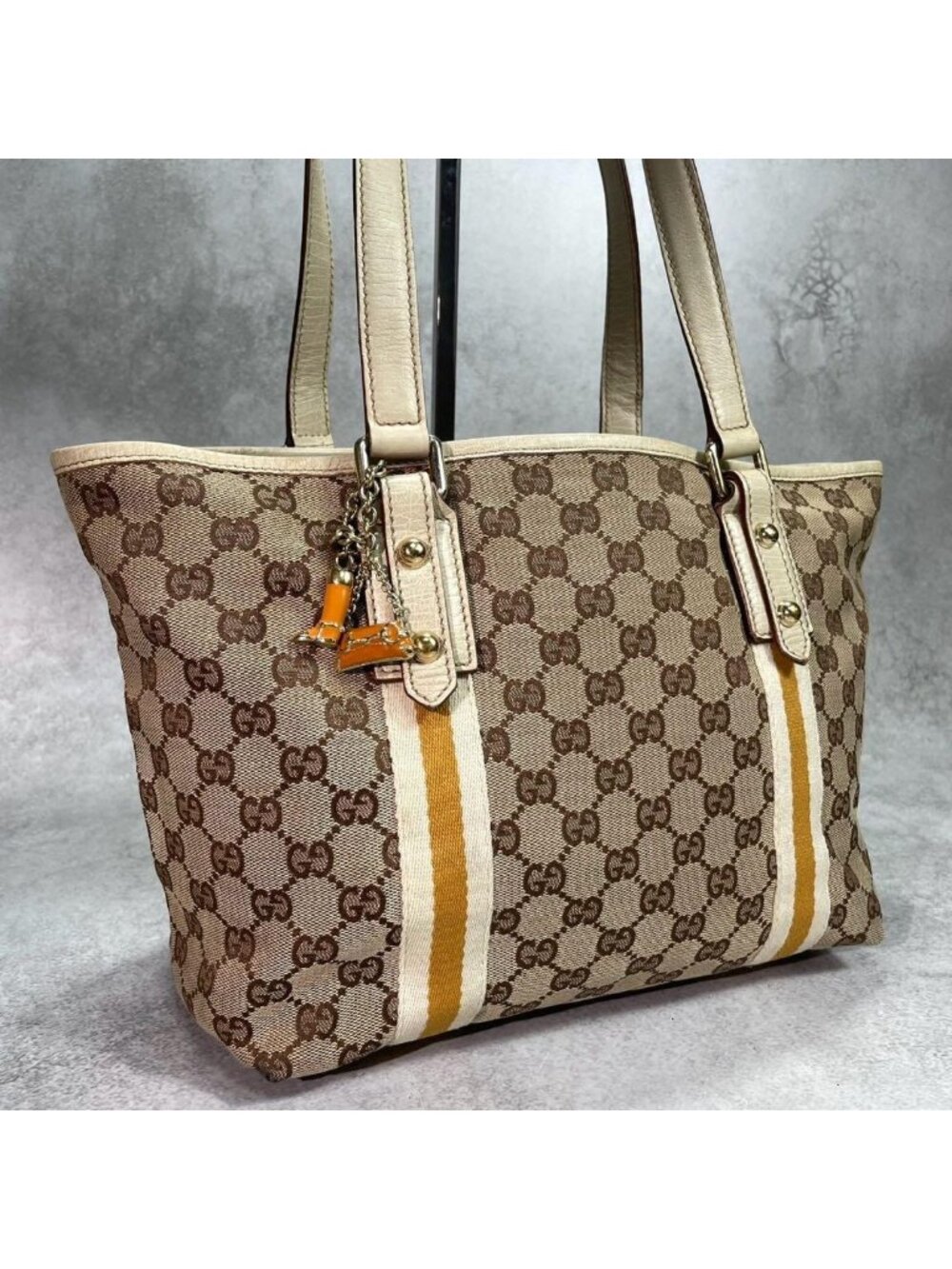 Gucci GG Tote Bag Sherry Line Brown Leather Charm